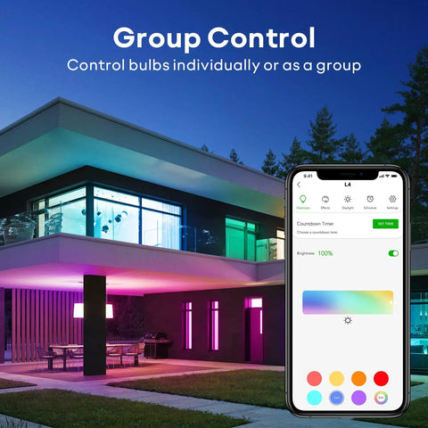 Smartphone controlling Latest L4 WiFi Smart LED Bulb Dimmable RGBW A21 850 Lumens E26 60W Equivalent in modern home environment