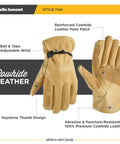 Rugged Heavy Duty Leather Work Gloves For Men, Cowhide Protection From Abrasion And Puncture, Gunn Cut Design with adjustable wrist, XL.