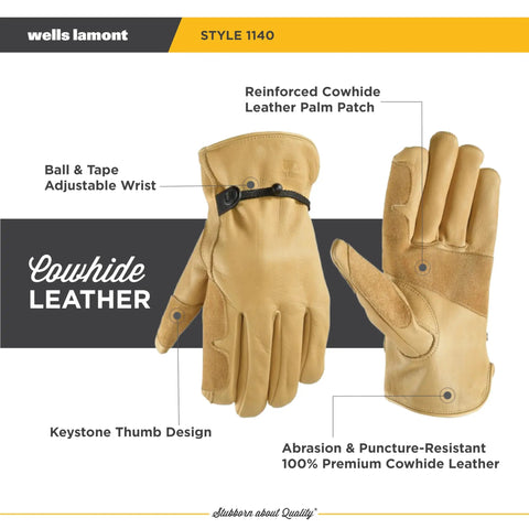 Rugged Heavy Duty Leather Work Gloves For Men, Cowhide Protection From Abrasion And Puncture, Gunn Cut Design with adjustable wrist, XL.