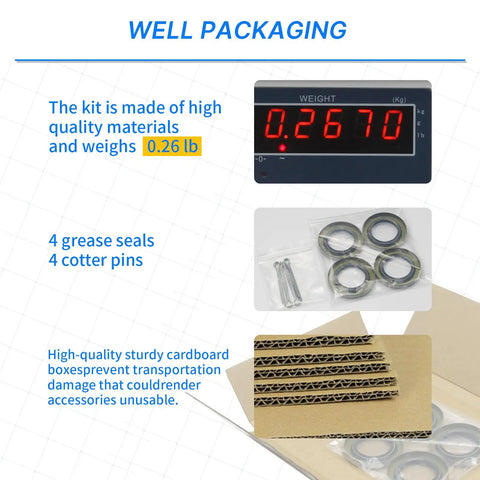 Trailer Axle Hub Grease Seals Kit With Cotter Pins For EZ Lube Axles 2000 2200 Lb BT8 Spindle, digital scale showing 0.267 lb