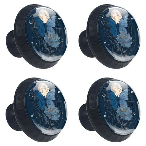 Butterfly And Moon Round Cabinet Knobs 4 Piece Set For Kitchen Cabinets And Drawers Glass And ABS Hardware With Stainless Steel Screws Black Finish Dresser Handle Decor Looks Slick