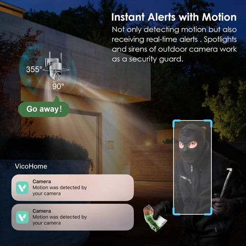 Wireless Solar Outdoor Security Camera With Pan Tilt, 3MP Color Night Vision detects motion at night with alerts shown.