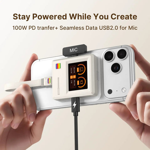 Classic Retro M2 NVMe PCIe Magnetic SSD Enclosure on smartphone, displaying LCD panel, with 100W PD transfer and USB connection.
