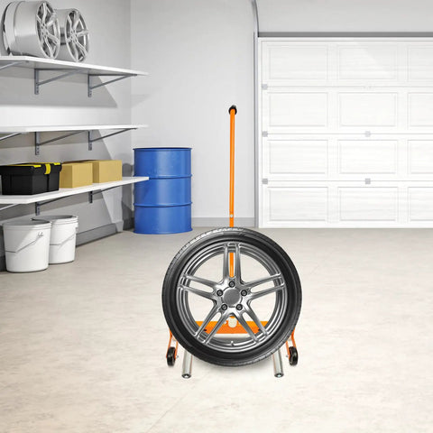 Beefy Heavy Duty Tire Dolly For Garage And Auto Repair Wheel Tire Moving Cart with steel frame in a garage setting