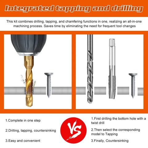 Integrated tapping and drilling guide featuring steps with 13 Piece Titanium Drill Tap Set With HSS Drill And Tap Bits SAE And Metric Plus Quick Change Adapter For Drilling Tapping Countersinking In Metalworking Pro Grade 3 In 1 Tool Yellow