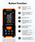 Mereo Laser Measure 328FT / 100m Digital Distance Meter, Electronic Level showing button functions and display.