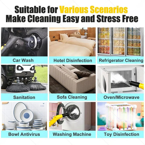 Image showing various cleaning scenarios using the 3000W steam cleaner including car, sofa, and microwave cleaning.