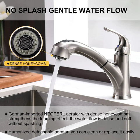 Brushed Nickel Kitchen Faucet With Pull Out Sprayer Single Handle 1 Hole Solid Brass Heavy Duty Commercial RV Faucet demo.