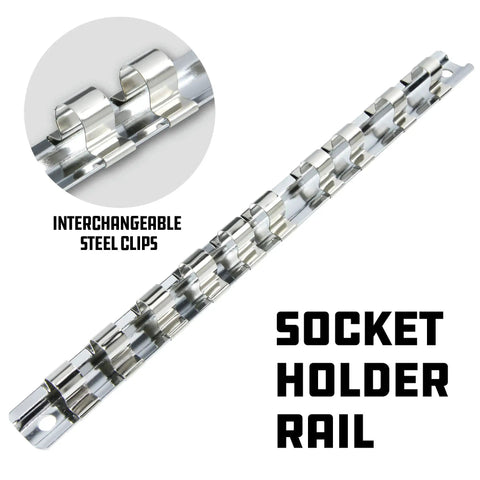 Image of socket holder rail for Three Eighths Inch Drive Metric Universal 6 Point Socket Set With 10 To 19 mm Chrome Vanadium Steel Mirror