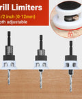 Three adjustable drill limiters for Five Piece Countersink Drill Bit Kit With HSS Tapered Bits, Hex Shank, Two Depth Stops.