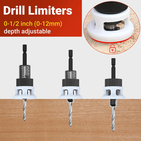 Three adjustable drill limiters for Five Piece Countersink Drill Bit Kit With HSS Tapered Bits, Hex Shank, Two Depth Stops.