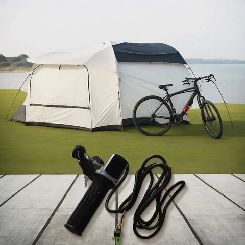 Throttle Grip For Electric Scooter With Key Lock And Power Indicator 36V 48V 60V next to tent and bicycle outdoors