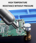 Adjustable PCB Holder with heat resistant base for soldering and circuit board repair, holding a board securely, tool nearby.