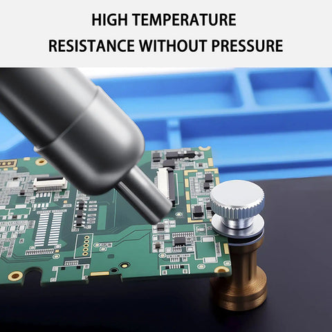 Adjustable PCB Holder with heat resistant base for soldering and circuit board repair, holding a board securely, tool nearby.