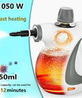 Hella Strong Handheld Steam Cleaner With 12 Nifty Tips For Banishing Stubborn Stains On Auto Upholstery Tile Floors And Fabric Couches In Sharp Deep Gray Body That Crushes Dirt Quick with 1050W heating and 250ml capacity.