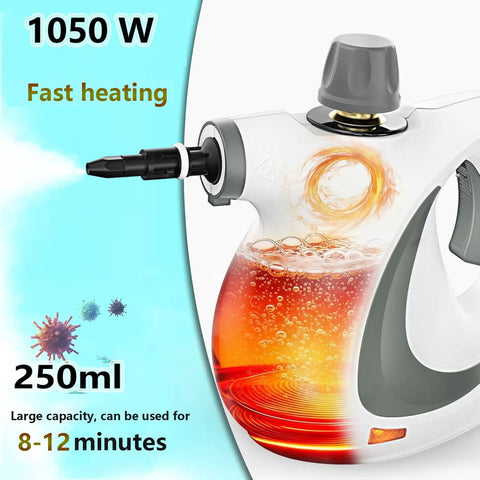 Hella Strong Handheld Steam Cleaner With 12 Nifty Tips For Banishing Stubborn Stains On Auto Upholstery Tile Floors And Fabric Couches In Sharp Deep Gray Body That Crushes Dirt Quick with 1050W heating and 250ml capacity.