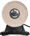 Front view of a 6 Inch Electric Polisher Benchtop Buffer Grinder with dual buffers and half HP motor for metal and plastic polishing.