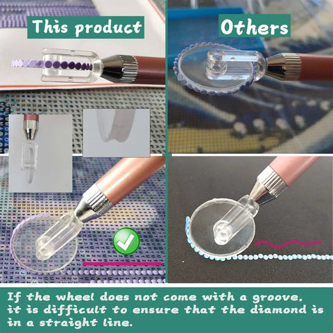 Grooved Diamond Painting Wheel Tool for Pro Grade Gem Art Pen Kit, showcasing grooved and non-grooved wheels with drills.