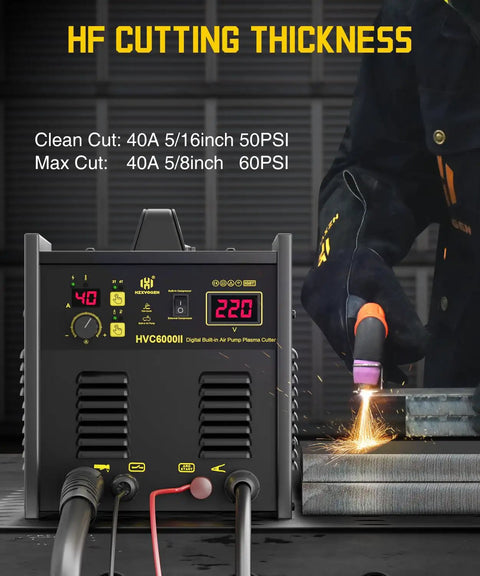 Front view of Plug And Play All In One Plasma Cutter With Built In Air Compressor, 50A Pilot Arc, cutting metal piece