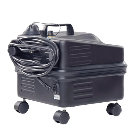 Heavy Duty Commercial Steam Cleaner With 90 Psi And 325 Degrees Dual Boiler Setup For Continuous Refill, compact black unit.