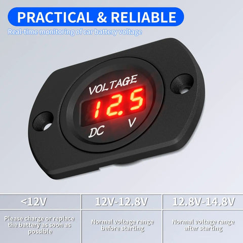 12V Red LED Digital Voltmeter Gauge Waterproof 24V 36V Compatible Car Truck RV Boat Marine Volt Meter With Easy Panel Or 29mm Hole Mount Built Tough Readout For Auto And Marine Use. black panel mount with red 12.5V display