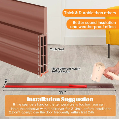 Self-Adhesive Door Sweep Draft Stopper For All Doors, 2 Inch Wide By 39 Inch Long, Black Rubber Weather Stripping Detail