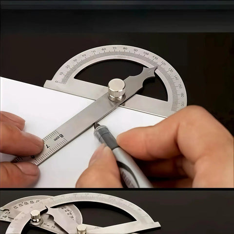 Heavy Duty Stainless Steel Angle Protractor Dead On Accuracy 0 To 180 Degrees Round Head Bevel Gauge used for precise measurements.