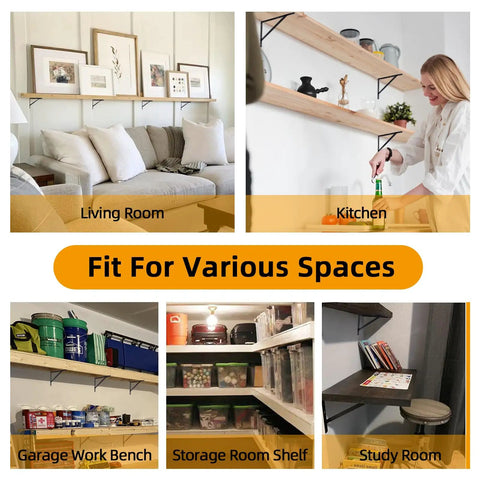 Built Like A Tank Heavy Duty Shelf Brackets 12 X 8 Inch 6 Pack displayed in living room, kitchen, garage, storage, and study areas.