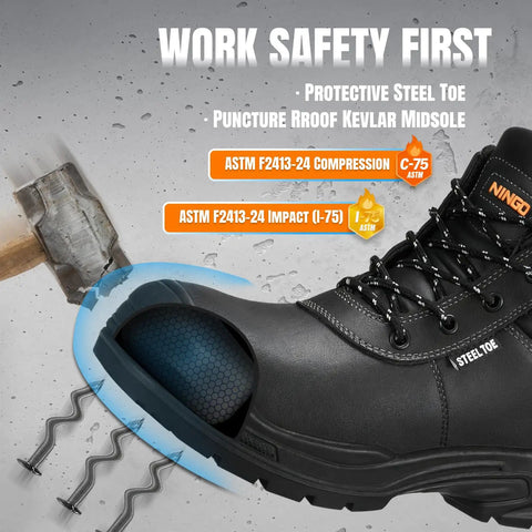 Men's Steel Toe Work Boots With Non Slip Outsole, Puncture Resistant, Breathable Lining, Electrical Hazard Protection shown with steel toe and midsole.