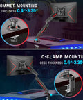 Single Gaming Monitor Arm With Mechanical Spring Load, Fully Adjustable Clamp Or Grommet Mount For Up To 32 Inch Screens showing grommet and C-clamp mounting options.