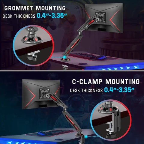 Single Gaming Monitor Arm With Mechanical Spring Load, Fully Adjustable Clamp Or Grommet Mount For Up To 32 Inch Screens showing grommet and C-clamp mounting options.