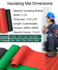 Hella Durable Rubber Insulating Mat For Electrical Safety Built Straight Tough Non Slip Flooring With High Voltage Shock Shield For Workshops And Field Crews, showing black, red, and green mats with dimensions.