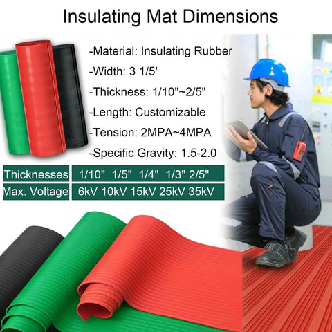 Hella Durable Rubber Insulating Mat For Electrical Safety Built Straight Tough Non Slip Flooring With High Voltage Shock Shield For Workshops And Field Crews, showing black, red, and green mats with dimensions.