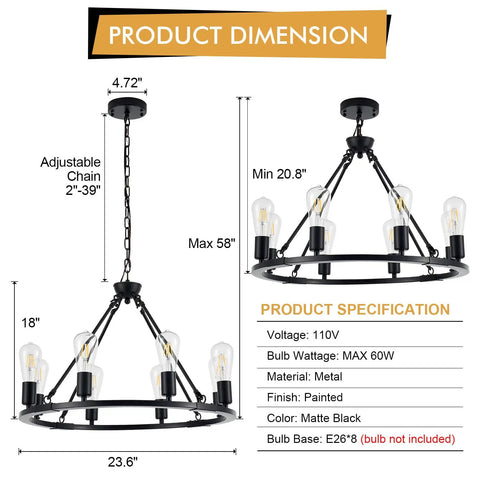 Dimensions of Black Farmhouse Wagon Wheel Chandelier With 8-Light 23.6 Inch Vintage Industrial Round Pendant Ceiling Light Fixture