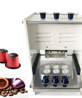 Manual Cup Sealing Machine For Coffee Capsules Commercial Heat Sealing Seaming Capping Unit 500 To 650 Cups Per Hour 15ml Capacity 6 Hole Easy Batch Coffee Capsule Sealer with visible coffee capsules and grounds.
