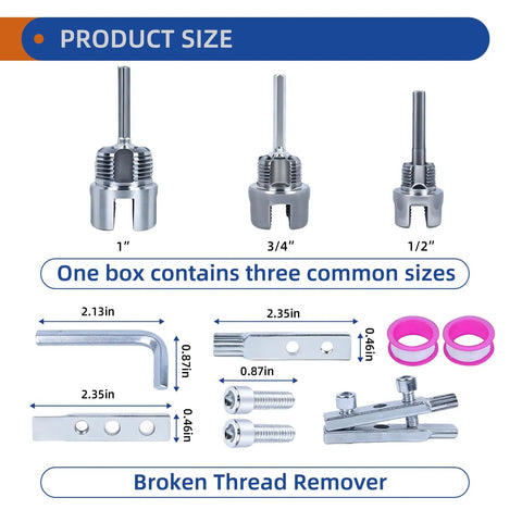 Bomao 3 Pc Pvc Pipe Threader Kit With 1/2, 3/4, And 1 Inch Bits Broken Bolt Extractor Gloves And Ptfex Tape LeakProof Plumbing Installation Tool sizes and accessories.