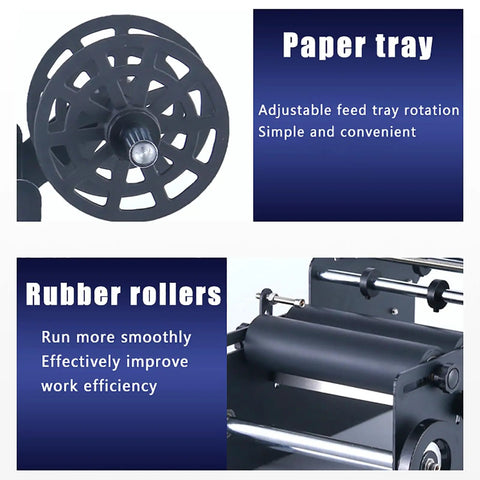 No Sweat Semi Automatic Label Applicator For Breweries And Food Shops showing adjustable paper tray and rubber rollers.