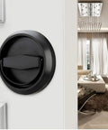 Slick Round Recessed Door Handle Hidden Pull In Brushed Stainless Steel With Screws Included, 304 Stainless, Black Finish, installed on door