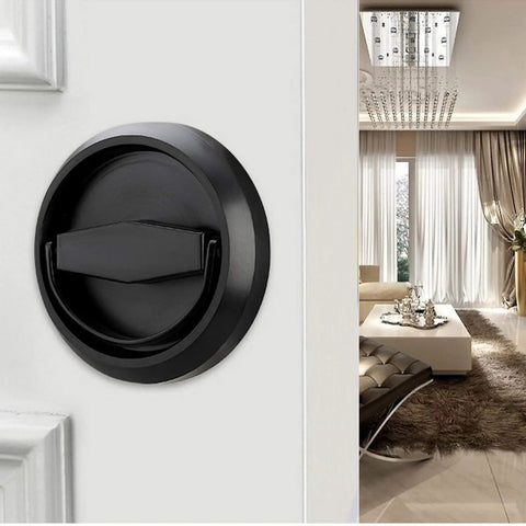 Slick Round Recessed Door Handle Hidden Pull In Brushed Stainless Steel With Screws Included, 304 Stainless, Black Finish, installed on door