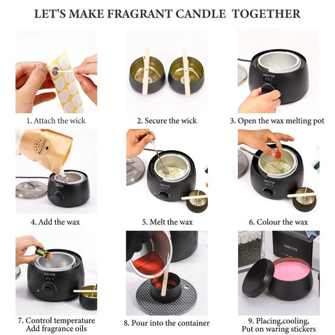 Steps of DIY Candle Making Kit For Adults With Hot Plate Complete Soy Wax Starter Set With 500 Ml Wax Warmer and accessories.