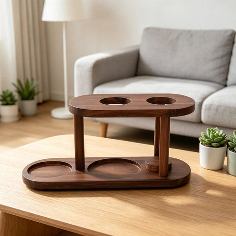 Keep It Real And Fresh With This 14 6 Inch Solid Wood Pour Over Coffee Station Stand Featuring A Stable Elevated Platform For Flawless Drip Pulling And Instant Counter Makeover Energy, showing solid wood design with circular cutouts.
