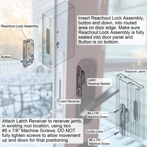 Top Shelf Two Panel Sliding Patio Door Lock And Receiver Kit Replacement assembly instructions for Reachout Lock and receiver parts.