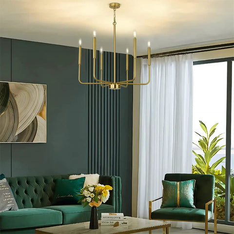 Farmhouse Style Gold Candle Chandelier With Brushed Brass Finish 6 Light Mid Century Branches Ceiling Fixture in living room