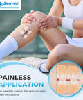 Front view of knee with beige adhesive wound-closure patches (butterfly bandages) in a 2-pack emergency kit