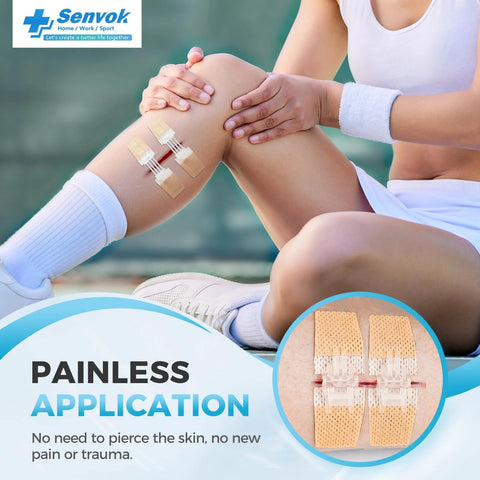 Front view of knee with beige adhesive wound-closure patches (butterfly bandages) in a 2-pack emergency kit