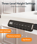Control panel with three-level height settings for the Sweeping L Shaped Standing Desk With Sturdy Four Leg Frame, featuring memory button.