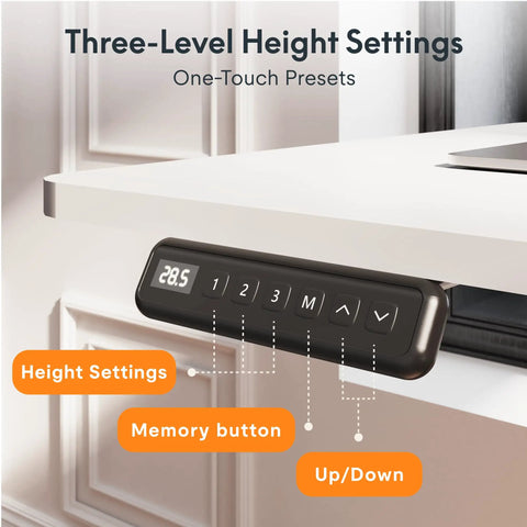 Control panel with three-level height settings for the Sweeping L Shaped Standing Desk With Sturdy Four Leg Frame, featuring memory button.