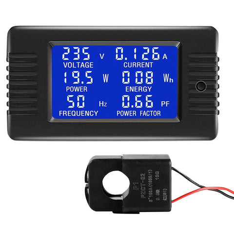 6 In 1 Beefy Digital Meter For AC Power 80 To 260V 100A LCD Display Real Power Only Energy Frequency Power Factor With 100A Split Core Current Transformer Included, showing voltage and current readings.