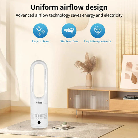 All Season Bladeless Space Heater And Tower Fan Combo With Remote Eight Speeds Quiet 25dB 90 Degree Oscillation 9H Timer Fast Safety Heat For Bedroom Kitchen And Office standing in modern living room