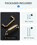 Package contents showing 20 Pack 3 Inch Champagne Bronze Cabinet Handles Solid Zinc Alloy Pulls with mounting screws included.